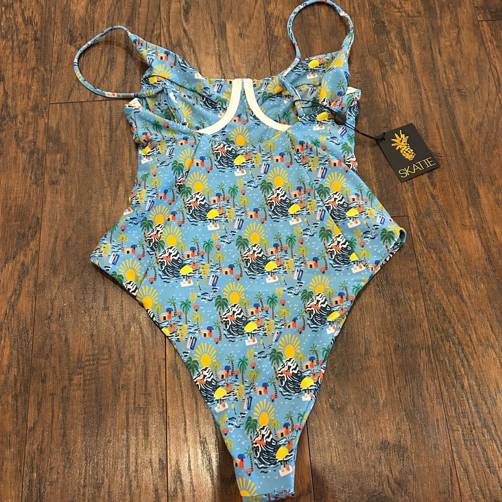 Skatie Blue and Yellow Tropical One Piece Swimsuit - Picture 10 of 16